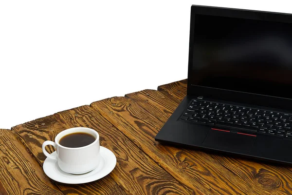 Laptop Com Xícara Café Velha Mesa Madeira Marrom Top Vista — Fotografia de Stock