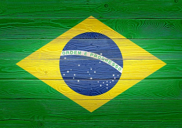 Brasilien Flagga Målad Gamla Trä Planka Bakgrund Borstad Naturlig Ljus — Stockfoto