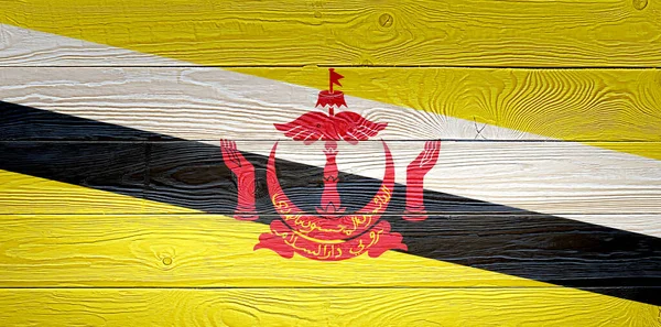 文莱国旗画在古老的木板背景上 刷自然光结木板板材质感 文莱木制纹理背景旗 — 图库照片