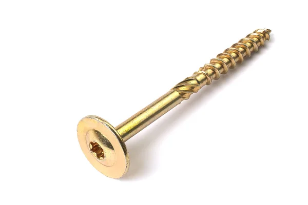 Torx screw on white background close up. Gold yellow screw for wood, chipboard or plywood with big torx head tx40. — Stock Photo, Image