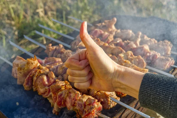 Cocinar shashlik marinado en pincho de metal en la parrilla. Fondo de fiesta patio trasero. cocinar cerdo en pinchos. Barbacoa al carbón — Foto de Stock