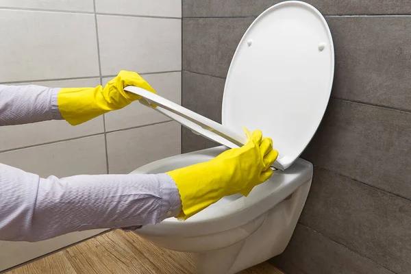 Γυναίκες που καθαρίζουν τουαλέτα. Νοικοκυρά καθαρισμού τουαλέτας ή καθαρισμού τουαλέτας βούρτσα μέχρι wc για την καθαριότητα και την υγιεινή. Οι γυναίκες καθαρίζουν την τουαλέτα. Έννοια υπηρεσιών καθαρισμού — Φωτογραφία Αρχείου