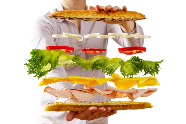 Uçan sandviç. Uçan sandviç katmanları. Kızarmış köfte, jambon, iki yarısı arasında peynir ve sebze. Amerikan Kahvaltı Konsepti.