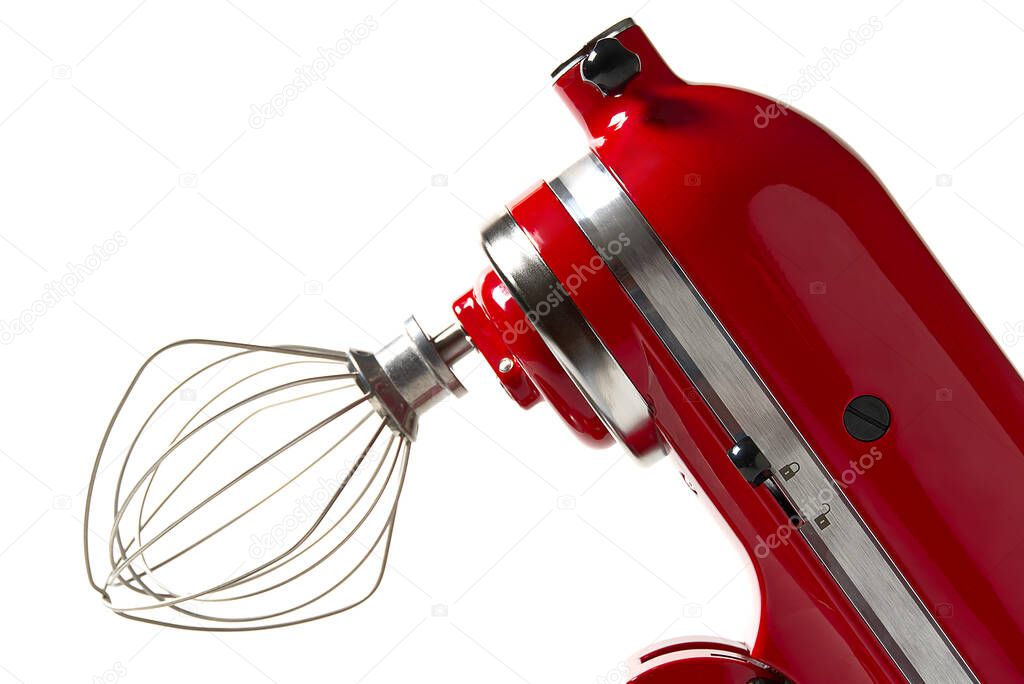 Stylish Red Kitchen Mixer With Clipping Path Isolated On White Background. Professional steel electric mixer with Metal Whisk