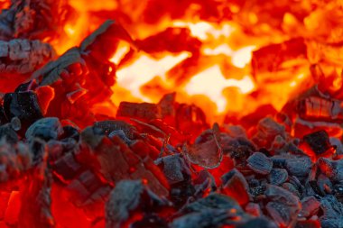 Metal erimesi için kızgın kömür ocağında. Metal madenciliği ve işleme endüstrisi. Tahtadan yapılmış yanan bir ateşten çıkan kırmızı kömürler.