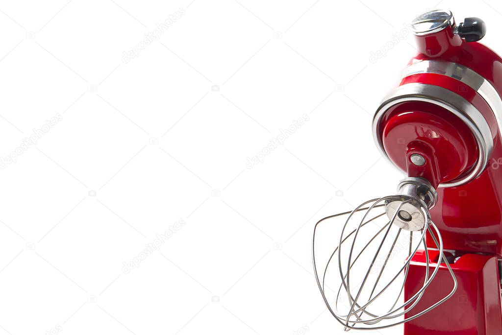 Stylish Red Kitchen Mixer With Clipping Path Isolated On White Background. Professional steel electric mixer with Metal Whisk