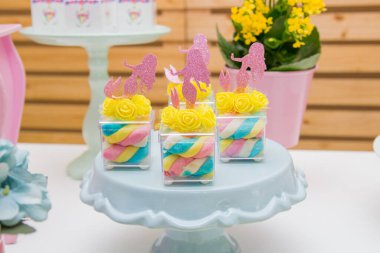 Brezilya 'da yaygın olarak kullanılan bir tema olan tek boynuzlu at temalı doğum günü dekorasyonu