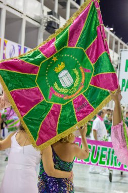 Flag of the hose samba school in Rio de Janeiro, Brazil - February 16, 2020: Flag of the mango samba school during a school rehearsal in Rio de Janeiro.