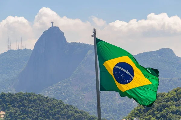 Bandiera Brasiliana Con Immagine Del Cristo Redentore Sullo Sfondo Rio — Foto Stock