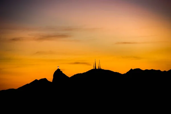 Silhouet Van Christus Verlosser Met Een Prachtige Zonsondergang Rio Janeiro — Stockfoto
