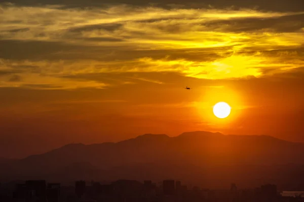 Silhouette Plane Beautiful Sunset Seen City Niteroi Park Rio Janeiro — Stock Photo, Image