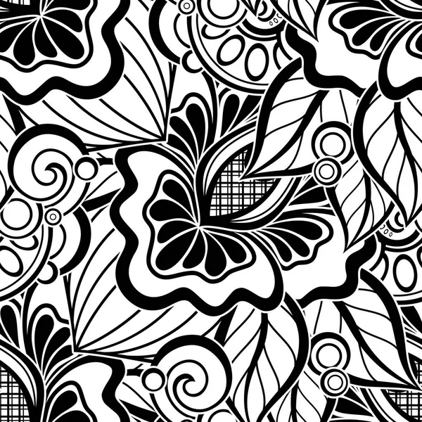 Modèle sans couture monochrome avec motifs floraux — Image vectorielle