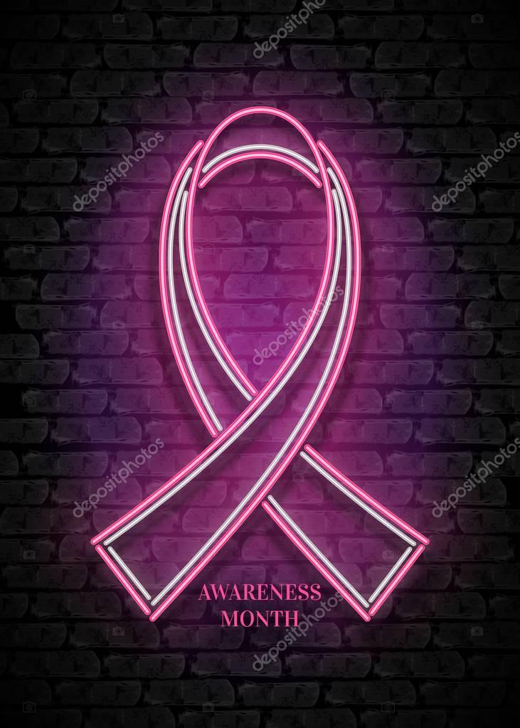 Breast Cancer Awareness Month Emblem, Pink Ribbon Symbol. Shiny Neon Lamp Glow Stylization on Black Brick Wall. Template for Banner, Poster, Invitation. Beautiful Concept Flyer. Vector 3d Illustration