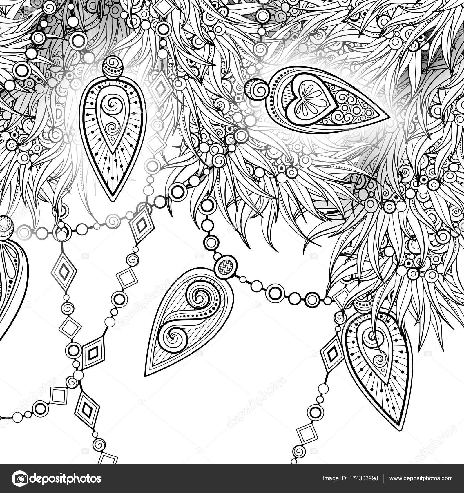 Christmas Illustration Ethnic Motifs Glowing Garland Decorations With Beads On The Tree Holiday Background In Doodle Line Style Coloring Book Page