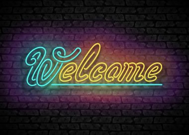 Vintage kızdırma tabela hoş geldiniz yazıt ile. Girdap şekillerde lambalar. Parlak Neon ışık stil, çizilmiş yazı el. Reklam afiş. Vektör 3d çizim. Dekoratif sanat