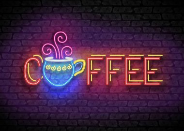 kart şablonu vintage neon tabela ile tuğla duvar arka plan üzerinde kahve yazıt ile 