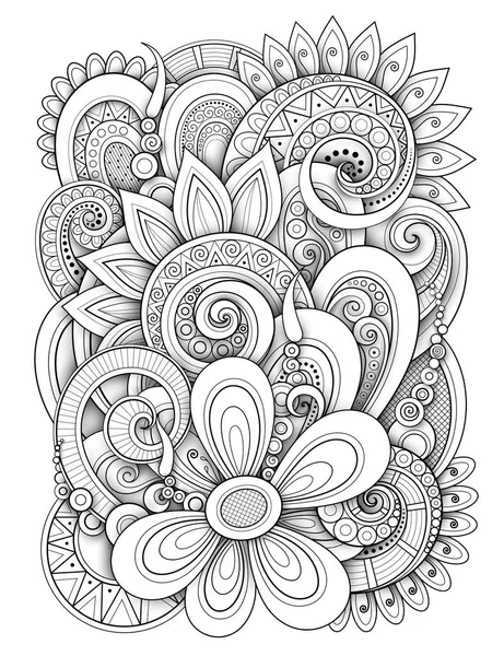 Monochrome Endless Texture Flowers Leaves Doodle Line Style Vector Illustration — Stock Vector