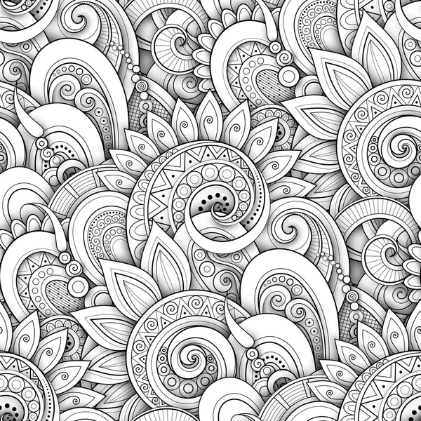 Textura Monocromática Sem Fim Com Flores Folhas Estilo Doodle Line — Vetor de Stock