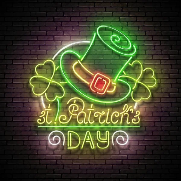 Poster Mit Patricks Day Glänzende Leuchtreklame Mit Koboldmütze Auf Backstein — Stockvektor