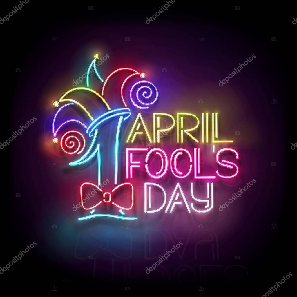 Greeting Card Template for April Fool's Day. Vintage Glow Signboard with Letters and Jester Hat. Neon Light Poster, Flyer, Banner. Glossy Black Background. Vector 3d Illustration. Used Clipping Mask