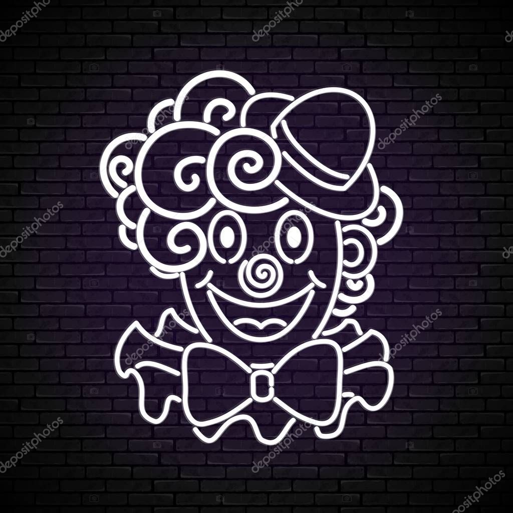 Greeting Card Template for April Fool's Day, Happy Birthday Concept. Cute, Lovely Clown on Brick Wall. Holiday Poster, Flyer, Banner, Invitation. Contour Doodle Artwork. Vector Line Art Illustration