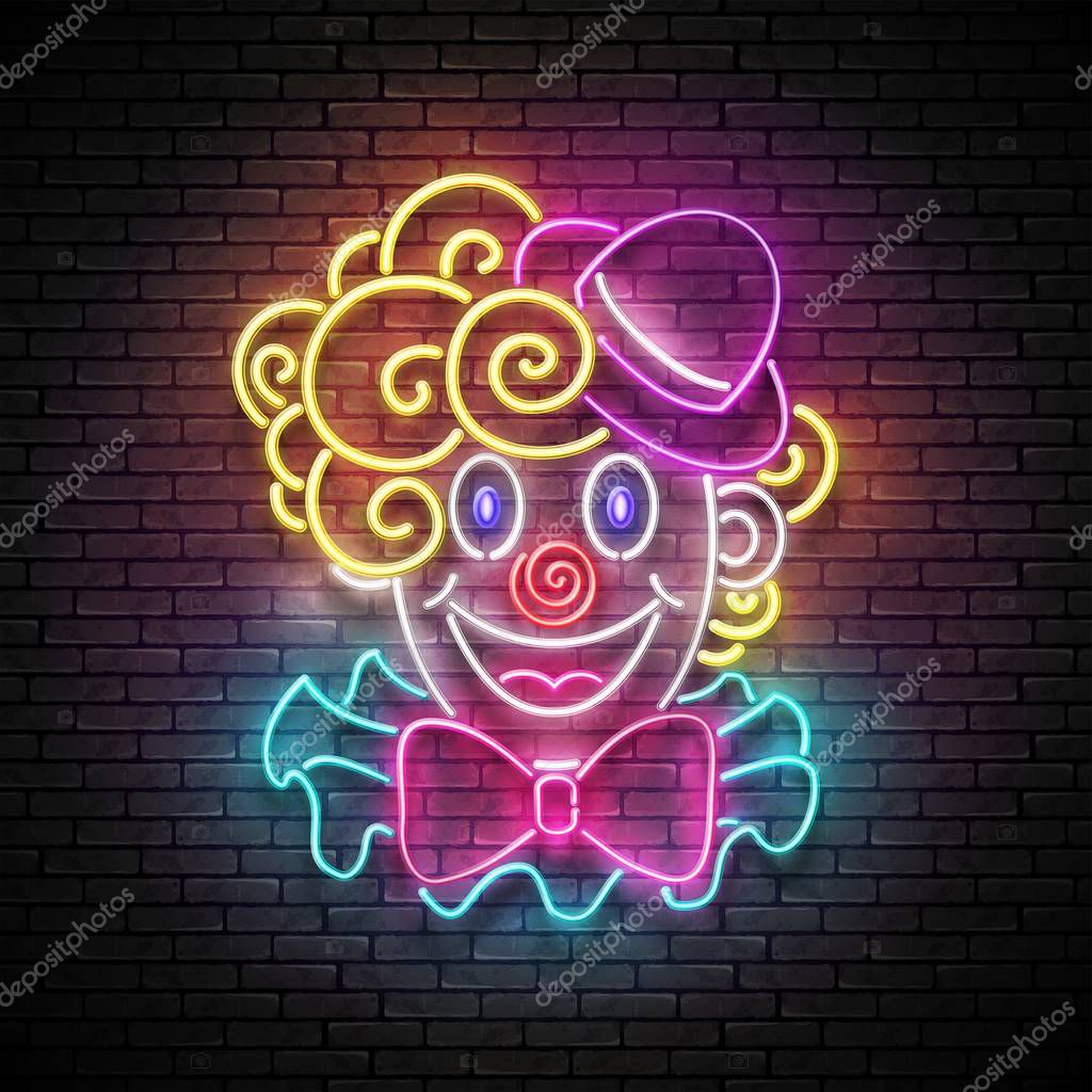 Greeting Card Template for April Fool's Day, Happy Birthday Concept. Glow Signboard with Cute, Lovely Clown. Neon Light Poster, Flyer, Banner, Postcard. Seamless Brick Wall. Vector 3d, Clipping Mask