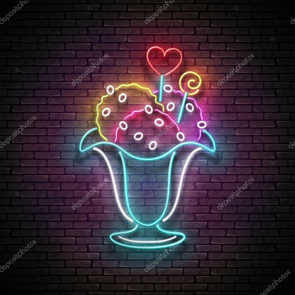 Vintage Glow Signboard with Ice Cream Balls in Vase, Candies Decor. Cafe Flyer Template. Shiny Neon Light Poster, Banner, Invitation. Seamless Brick Wall. Vector 3d Illustration. Clipping Mask