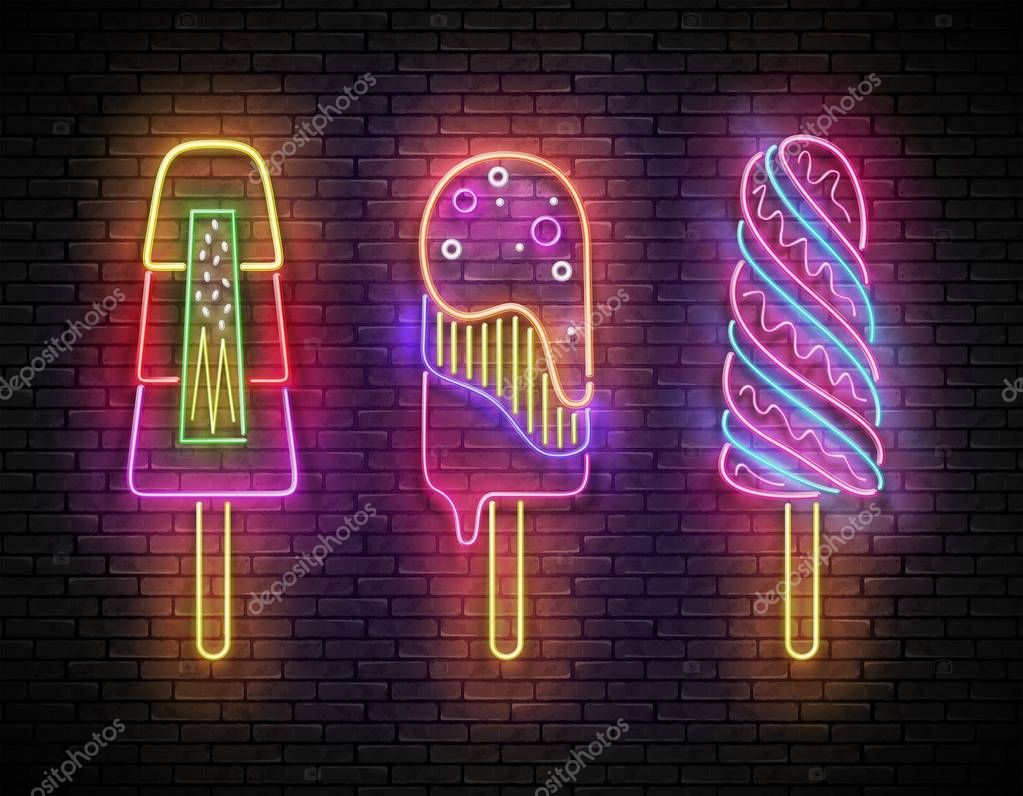 Set of Glow Signboard with Different Ice Cream. Frozen Fruit, Sorbet, Sundae, Popsicle. Neon Template for Flyer, Poster, Banner, Playbill, Invitation. Brick Wall. Vector 3d Illustration. Clipping Mask