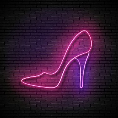 Vintage parlak neon pembe yüksek topuk ayakkabı tabela tuğla duvar arka plan, vektör, illüstrasyon kavramı alışveriş,