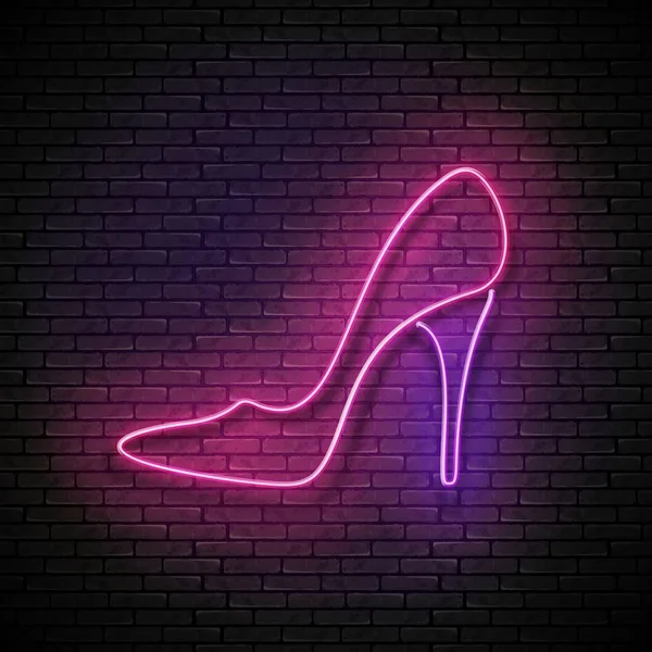レンガ壁の背景 ベクトル イラスト コンセプトをショッピングにビンテージの光沢のあるネオン ピンクのハイヒール靴看板 — ストックベクタ