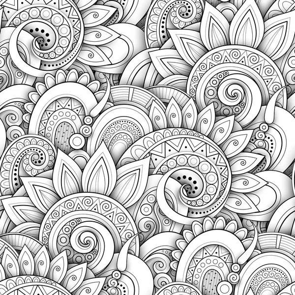 Patrón Monocromo Sin Costura Con Motivos Florales Vector Ilustración — Archivo Imágenes Vectoriales