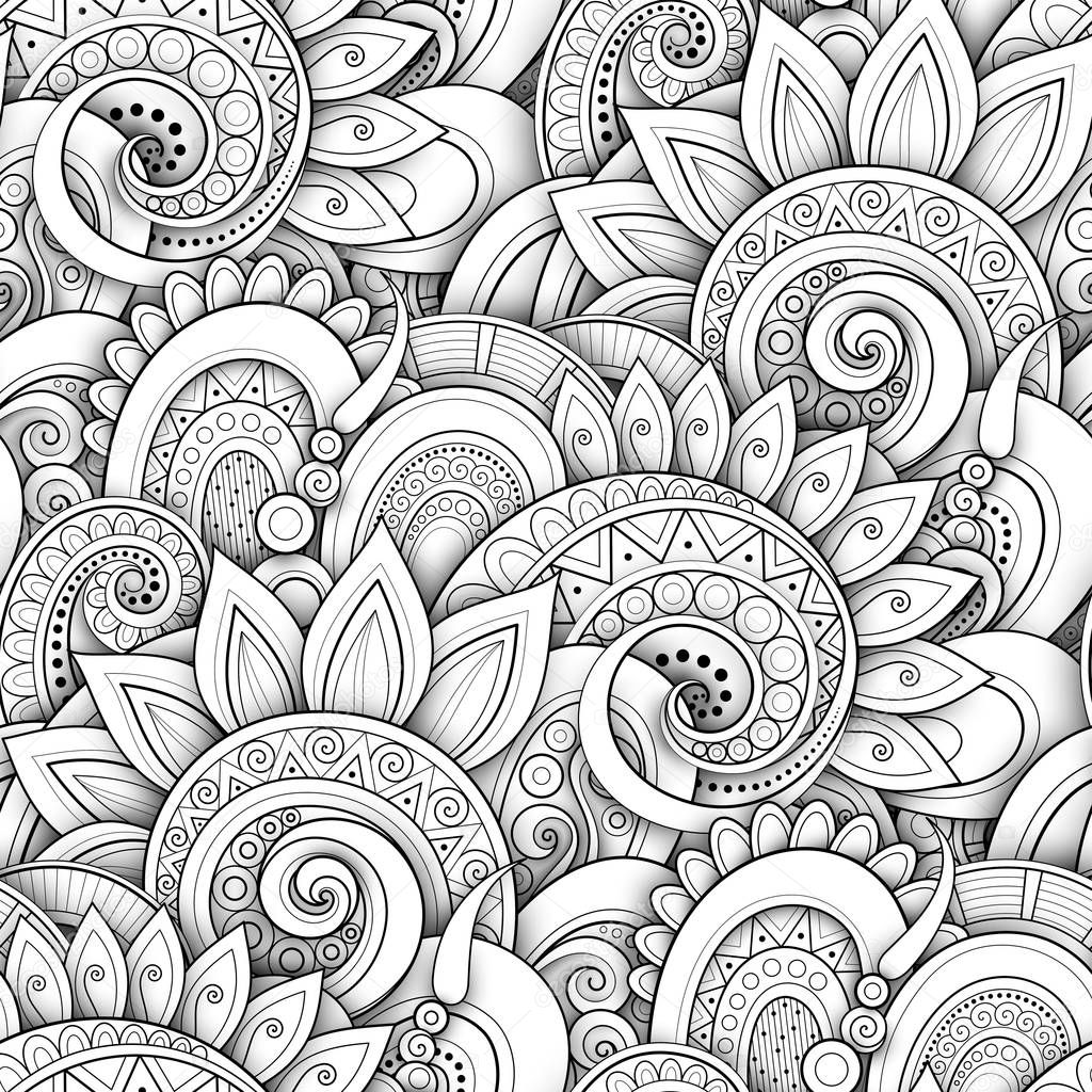 monochrome seamless pattern with floral motifs, vector, illustration