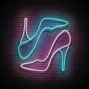 Vintage parlak neon pembe yüksek topuk ayakkabı tabela tuğla duvar arka plan, vektör, illüstrasyon kavramı alışveriş,