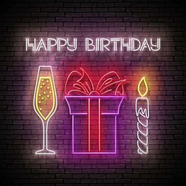 Tarjeta de felicitación Glow con regalo, champán, vela y feliz cumpleaños — Vector de stock