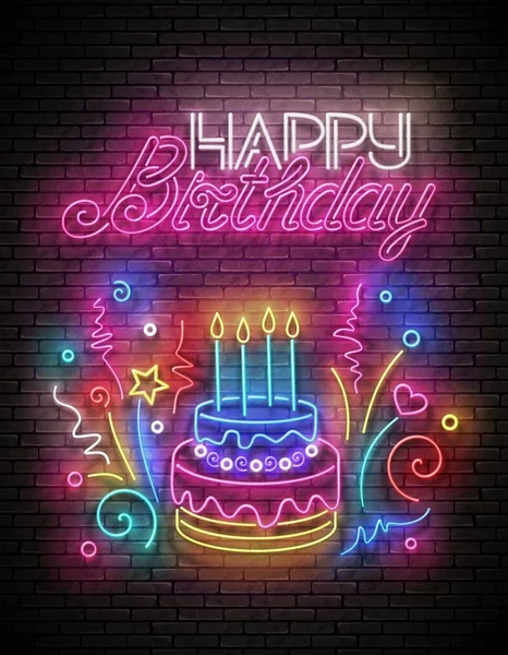 Gloed wenskaart met cake, kaarsen, confetti en Happy Birthd — Stockvector