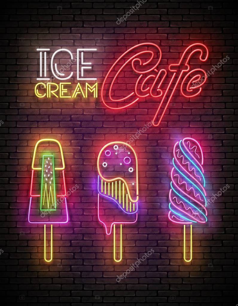 Vintage Glow Poster with Ice Cream Lolly and Inscription. Neon Lettering. Template for Flyer, Banner, Invitation. Brick Wall, Seamless. Vector 3d Illustration. Clipping Mask, Editable