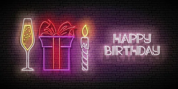 Glückwunschkarte mit Geschenk, Champagner, Kerze und Happy Birthday — Stockvektor