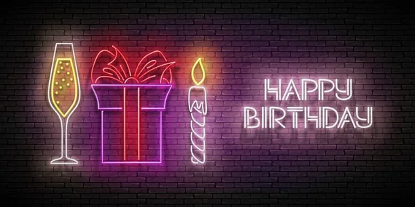 Tarjeta de felicitación Glow con regalo, champán, vela y feliz cumpleaños — Vector de stock