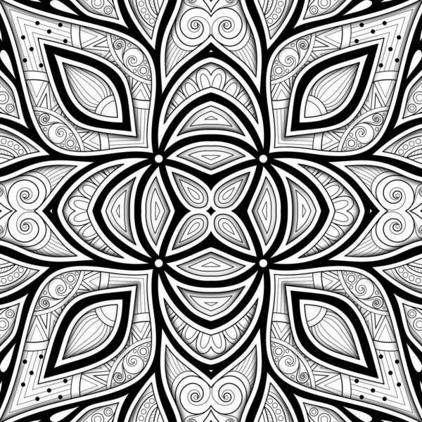 Patrón monocromo sin costura con motivos étnicos florales — Vector de stock