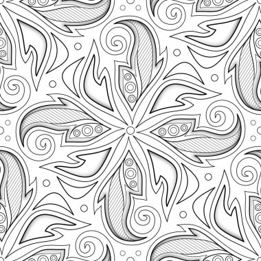 Çiçek Etnik Motifler ile Monokrom Dikişsiz Desen. Soyut Tasarım Öğeleri ile Sonsuz Doku. Paisley Bahçe Tarzı. Boyama Kitabı Sayfası. 