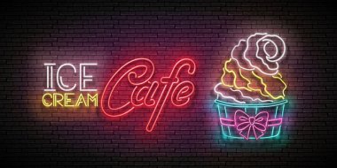 Kağıt Kupa 'da dondurma külahlı klasik poster ve tuğla duvar zemininde yazı. Poster için Parlak Şablon. Vektör 3d Görüntü. 