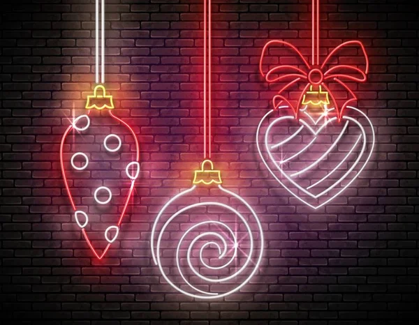 Glühen Grußkarte Mit Weihnachtsbaumschmuck Auf Backstein Hintergrund Glänzende Vorlage Für — Stockvektor