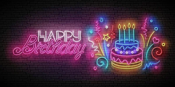 Glow Greeting Card Cake Candles Confetti Happy Birthday Inscription Brick — Stock Vector