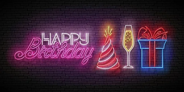 プレゼント シャンパン 休日の帽子とレンガの壁の背景に幸せな誕生日の碑文とグローグリーティングカード ポスター用の光沢のあるテンプレート ベクトル3Dイラスト — ストックベクタ