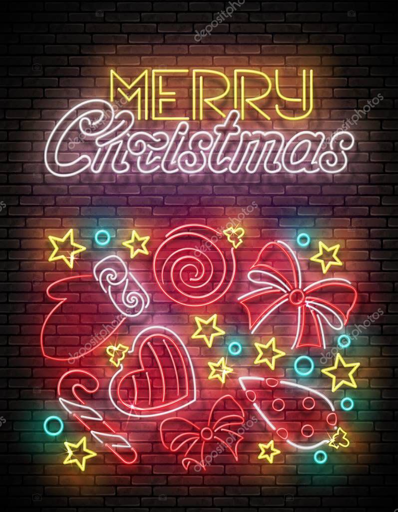 Greeting Card with Christmas Decorations, Santa's Mitten, Candy and Inscription on brick wall background. Shiny Template for Poster. Vector 3d Illustration. Happy New Year Template.