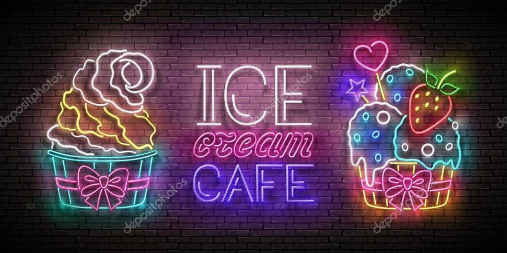 Vintage Poster with Ice Cream in Paper Cups on brick wall background. Shiny Template for Poster. Vector 3d Illustration. Cafe Flyer Template