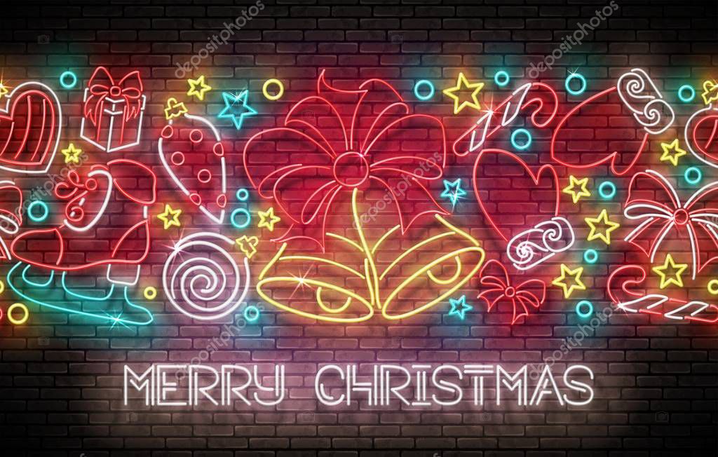 Greeting Card with Christmas Decorations, Santa's Mitten, Candy, Bells and Inscription on brick wall background. Shiny Template for Poster. Vector 3d Illustration. Happy New Year Template.