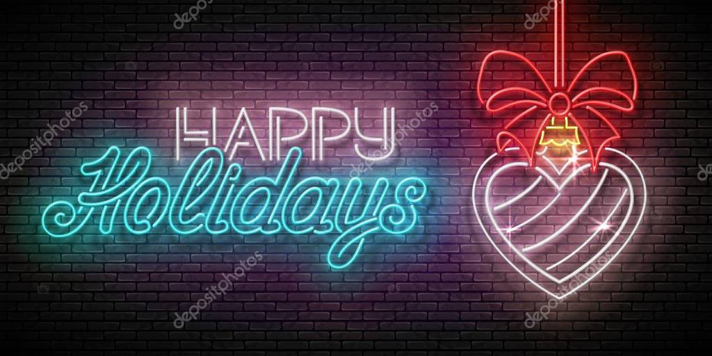 Greeting Card with Christmas Decorations and Inscription on brick wall background. Shiny Template for Poster. Vector 3d Illustration. Happy New Year Template.