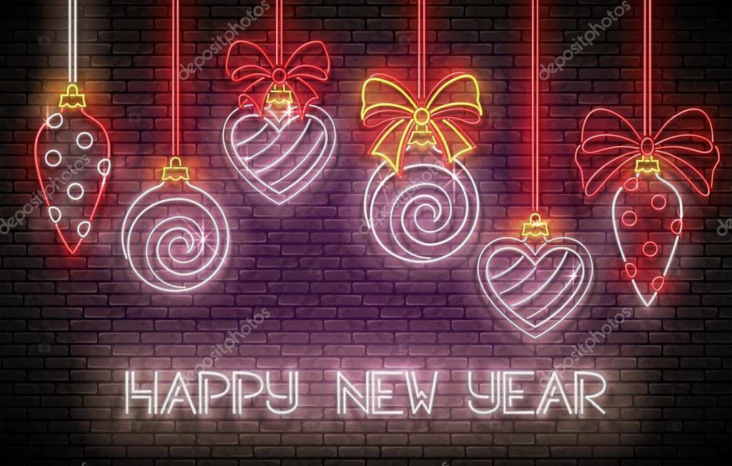 Greeting Card with Christmas Decorations and Inscription on brick wall background. Shiny Template for Poster. Vector 3d Illustration. Happy New Year Template.