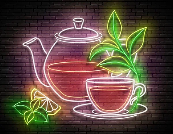 Glass Tea Pot Plant Dalı Kupalı Klasik Parlak Pano Limon — Stok Vektör